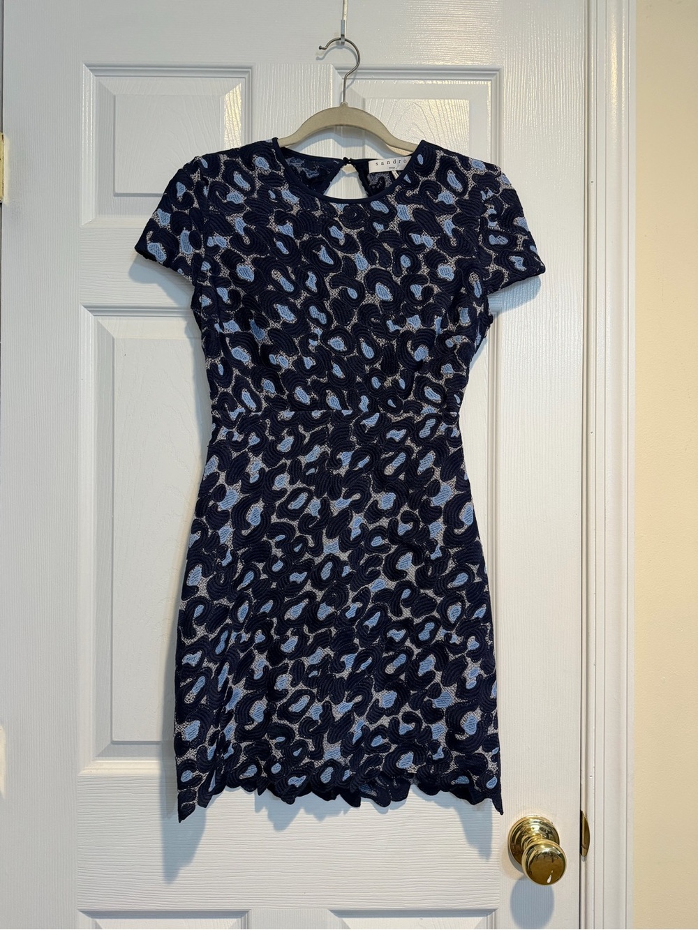 Sandro Navy and Light Blue Patterned Short Sleeve Mini Dress